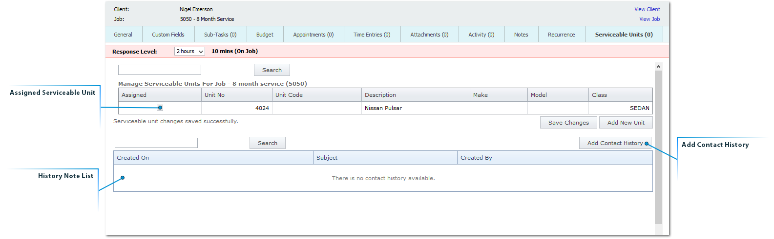 Task Serviceable Unit - Contact History Note