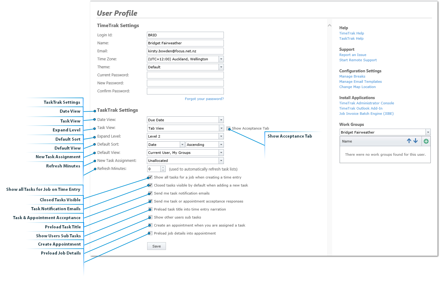 TaskTrak Personalised Options